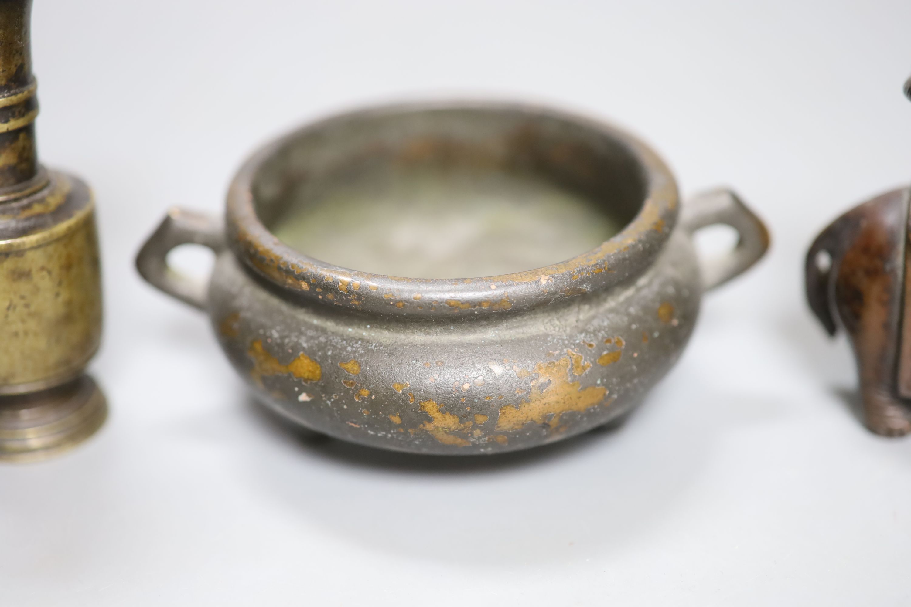 A Chinese late Ming bronze miniature vase, a modern censer and a Japanese elephant censer with boy cover, c.1900, tallest 10cm